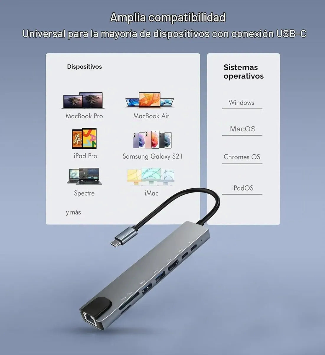 Adaptador Multipuerto Hub Usb-c 8 En 1 Hdmi 4k Usb 3.0 Pc