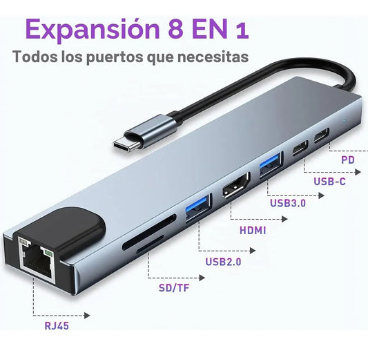 Adaptador Multipuerto Hub Usb-c 8 En 1 Hdmi 4k Usb 3.0 Pc